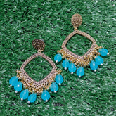 GOLDEN COLOR SQUARE RESIN EARRINGS (JHUMKHA) BASE (WITH LIGHT BLUE BEADS)